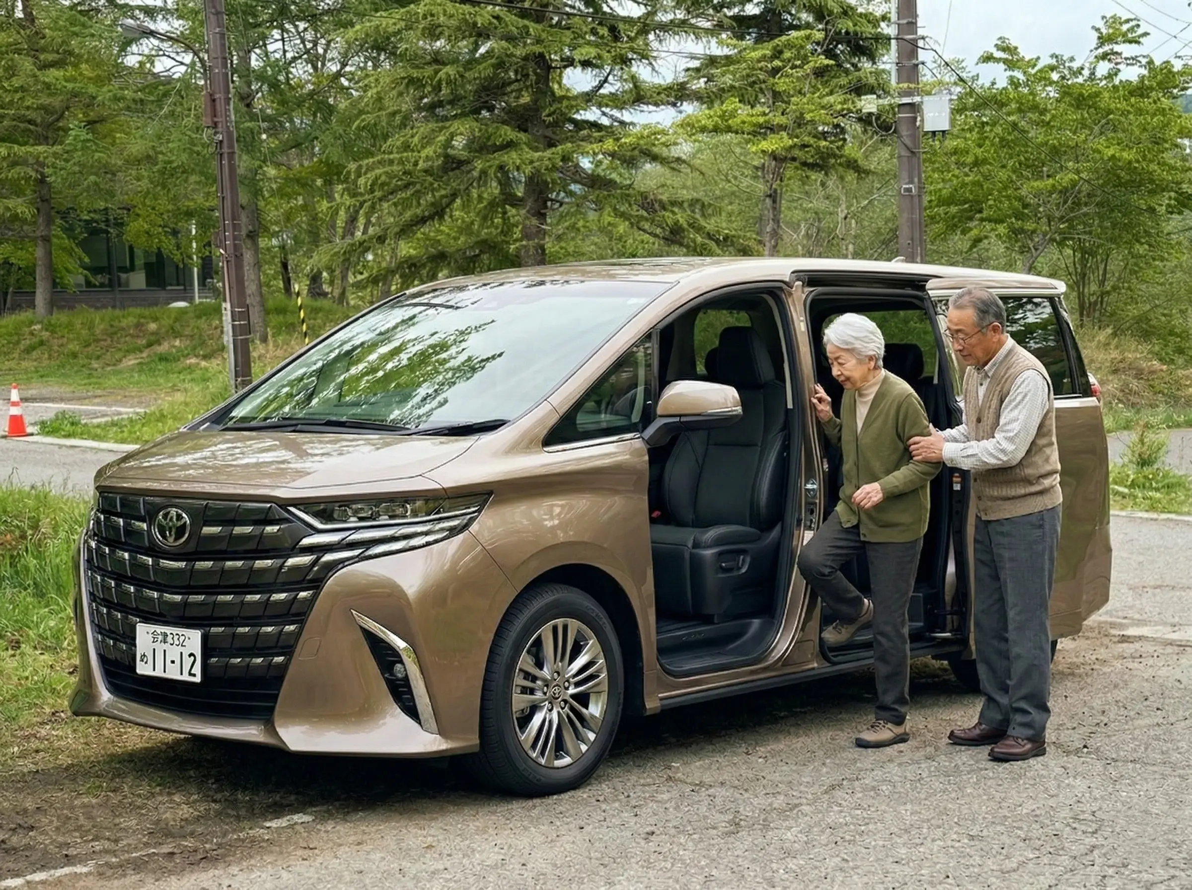 An elderly couple boarding a chartered Alphard
